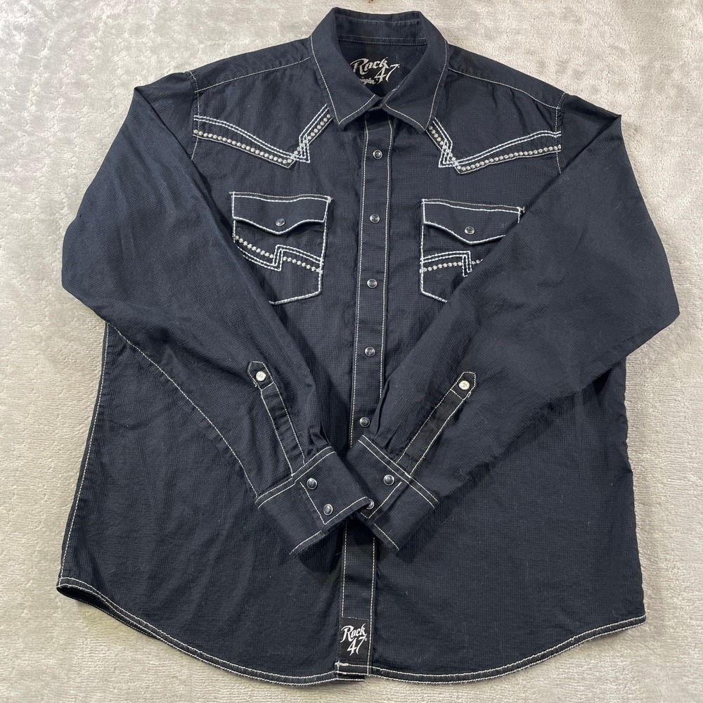 Rock 47 Wrangler Shirt Mens‎ XL Black Pearl Snap Western Contrast Stitch Waffle